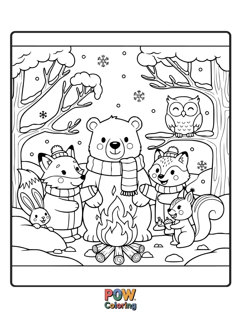 Free coloring page of Various cute forest animals like a deer, fox, and squirrel sharing a peaceful moment in a snow-covered forest.