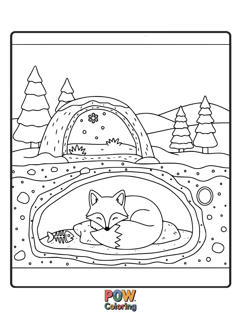 Free coloring page of A sly fox peeking out from its hidden den, camouflaged in the snowy wilderness.