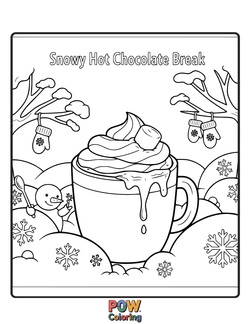 Free coloring page of A cozy scene with steaming mugs of hot chocolate beside a window overlooking a snowy landscape.