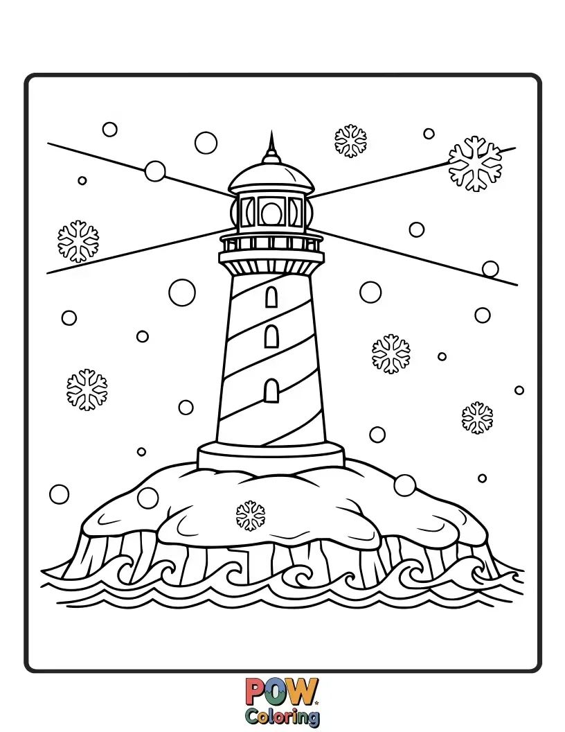 Free coloring page of A sturdy lighthouse standing tall amidst a snowy coastal landscape, casting its light through falling snow.