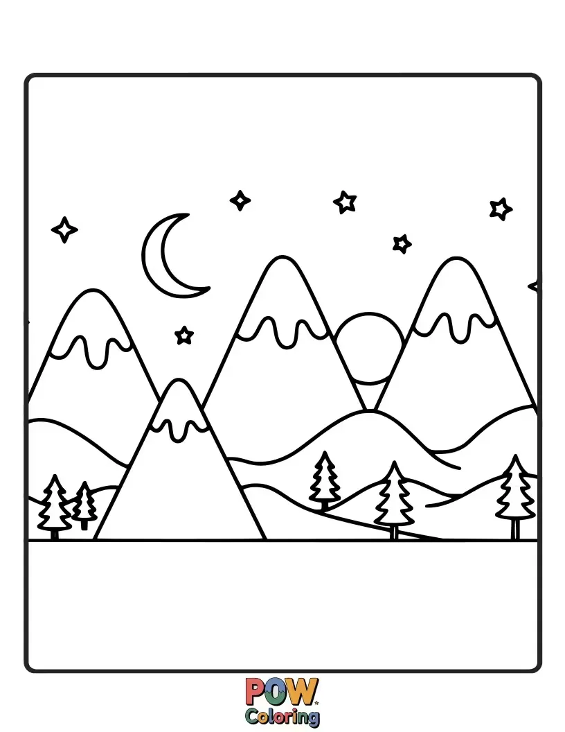 Free coloring page of Majestic snow-capped mountain ranges stretching across the horizon, offering a grand and beautiful vista.