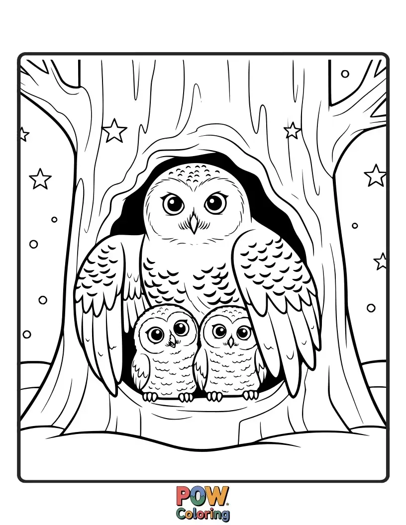 Free coloring page of A mother owl and her owlets snuggled together in a snowy nest, illustrating cozy family bonds.