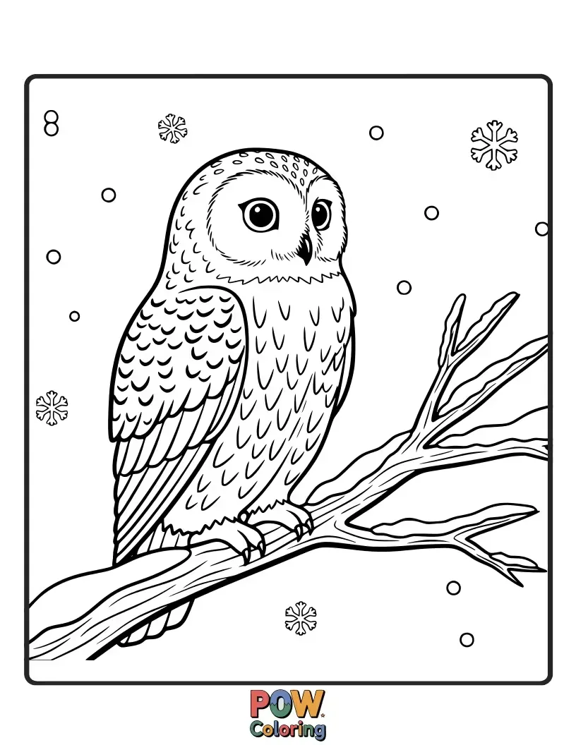 Free coloring page of A wise-looking owl with fluffy feathers perched on a snow-covered branch, observing the winter wonderland below.