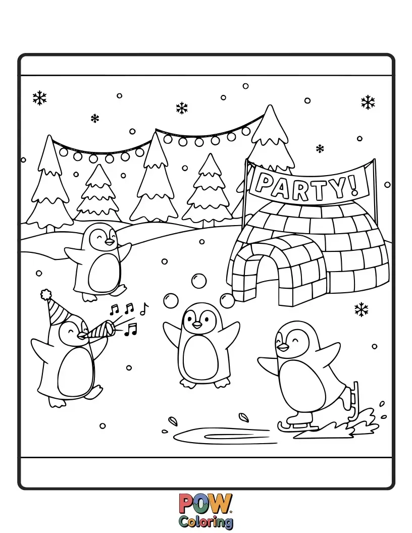 Free coloring page of A group of adorable penguins having a joyful snowball fight on a frosty winter day, perfect for little artists.