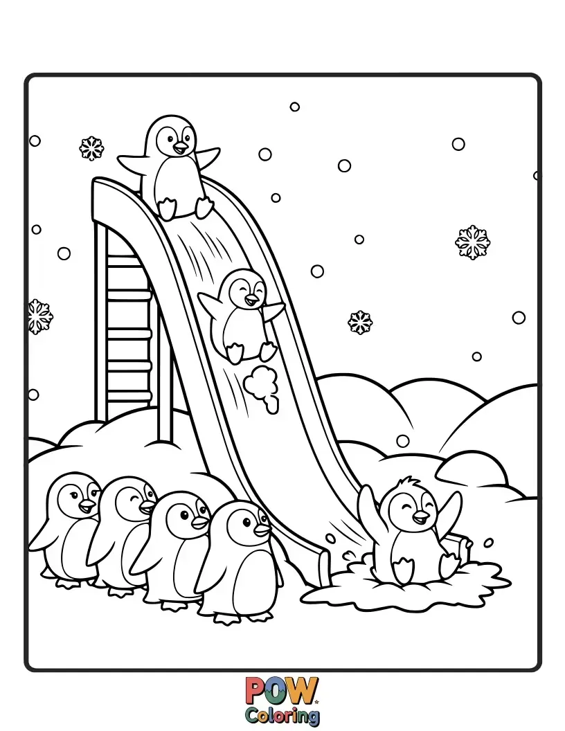 Free coloring page of Playful penguins sliding gleefully down icy slopes on their bellies, a hilarious winter scene.