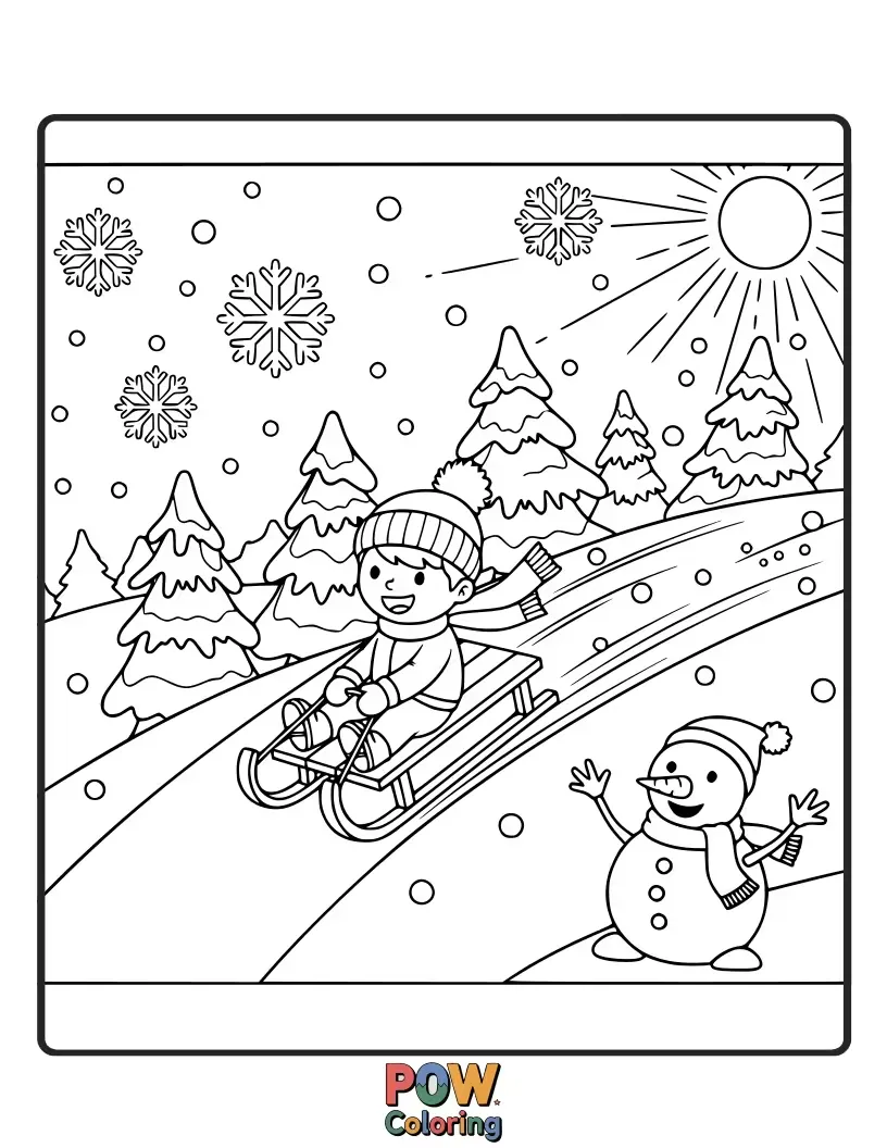 Free coloring page of Excited children zooming down a snowy hill on sleds, capturing the thrill of winter fun.