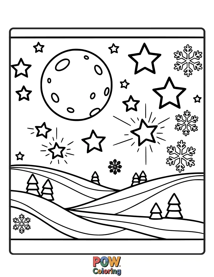 Free coloring page of A serene night sky filled with twinkling stars and a gentle snowfall, creating a magical atmosphere.