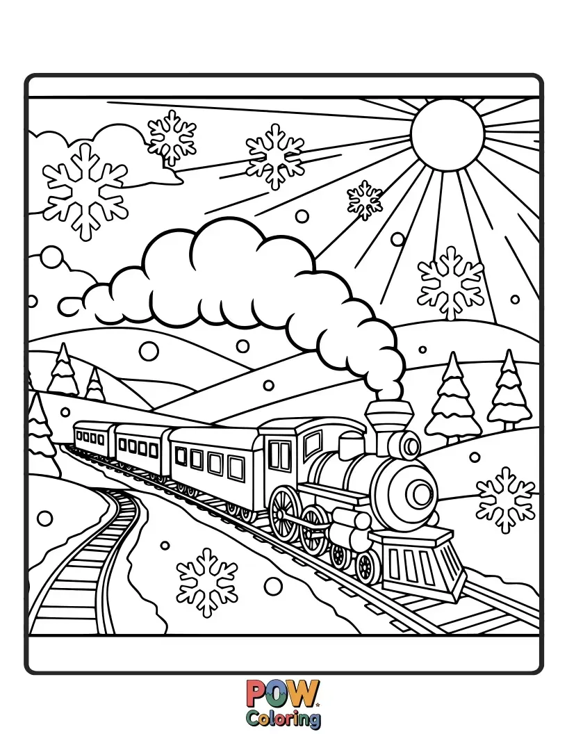 Free coloring page of A charming steam train chugging through a picturesque, snow-covered countryside, ready for a colorful adventure.