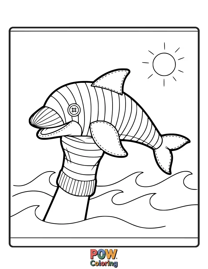 Free coloring page of This dolphin is wearing a colorful sock puppet on its fin, ready for a show.