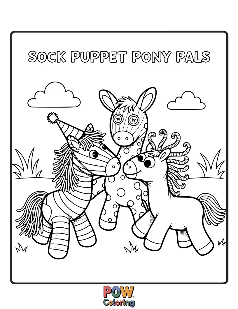 Free coloring page of Two ponies dressed as silly sock puppets, giggling together with googly eyes.