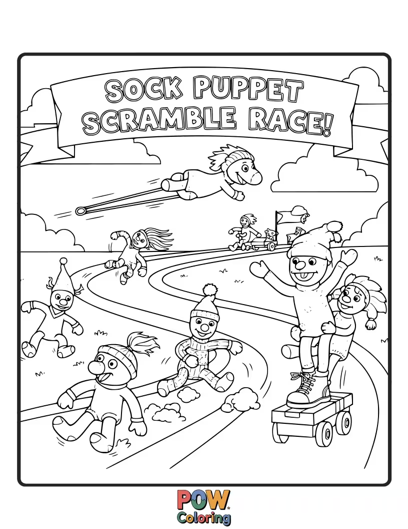 Free coloring page of Silly sock puppets are hopping and skipping, their yarn hair flying, in a hilariously energetic race.
