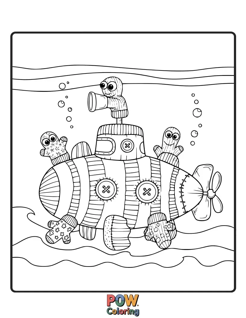 Free coloring page of A whimsical sock puppet transformed into a silly submarine, exploring the depths with googly eyes and yarn tentacles.