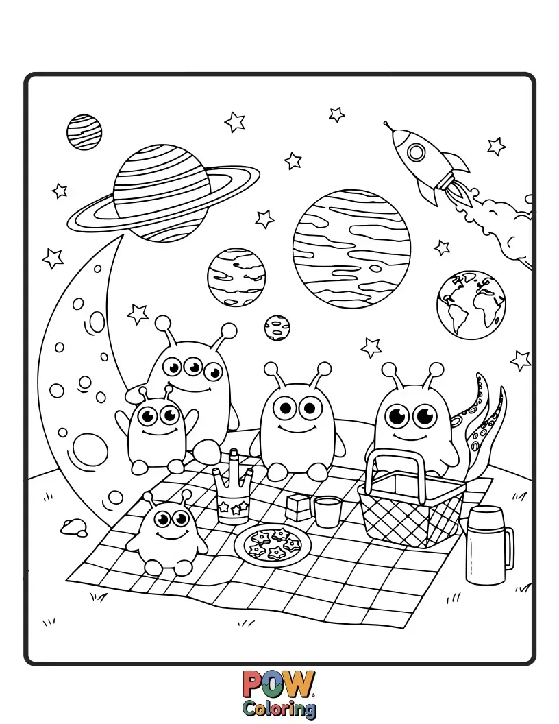 Free coloring page of Cute aliens having a delightful picnic on a ringed planet, sharing snacks with a friendly comet. A quirky interstellar gathering.
