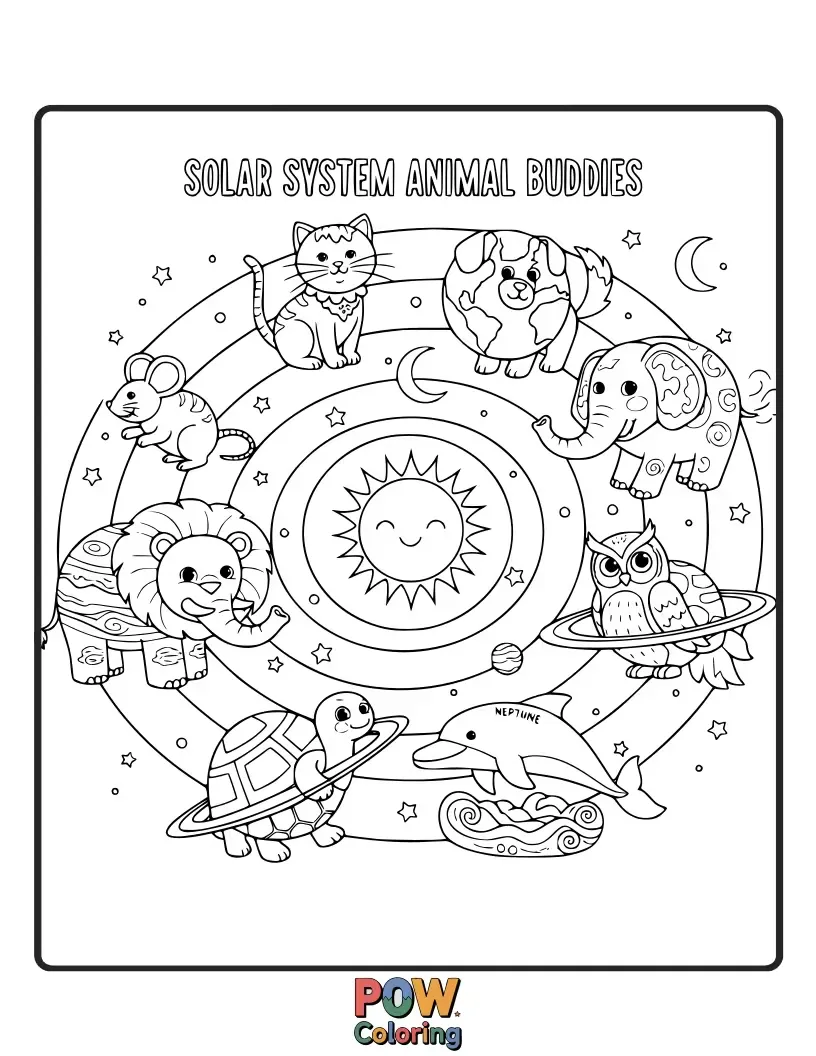 Free coloring page of Cute woodland creatures riding on planets, playing with asteroids, and waving from a starry backdrop. A charming celestial safari.