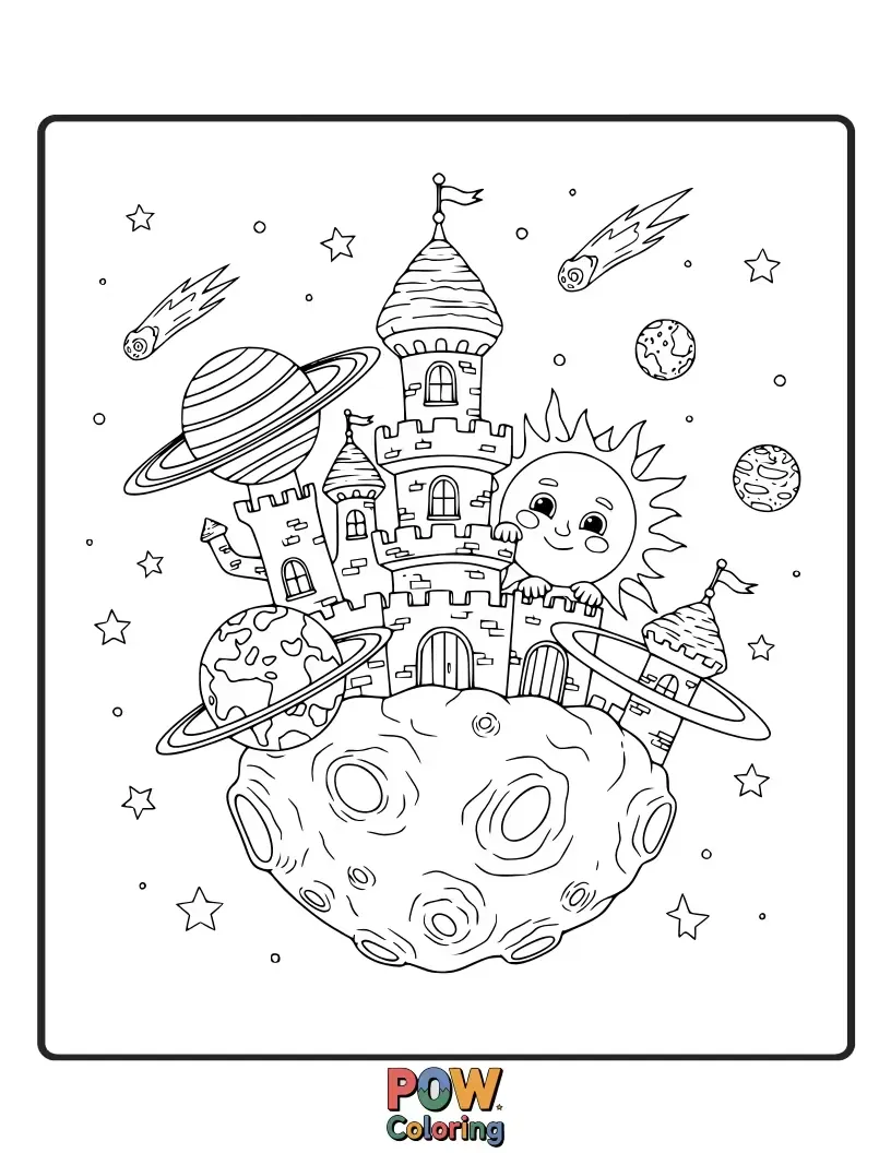Free coloring page of A magnificent castle built on a ringed planet, with knights and princesses looking out at the stars. A regal and enchanting universe.
