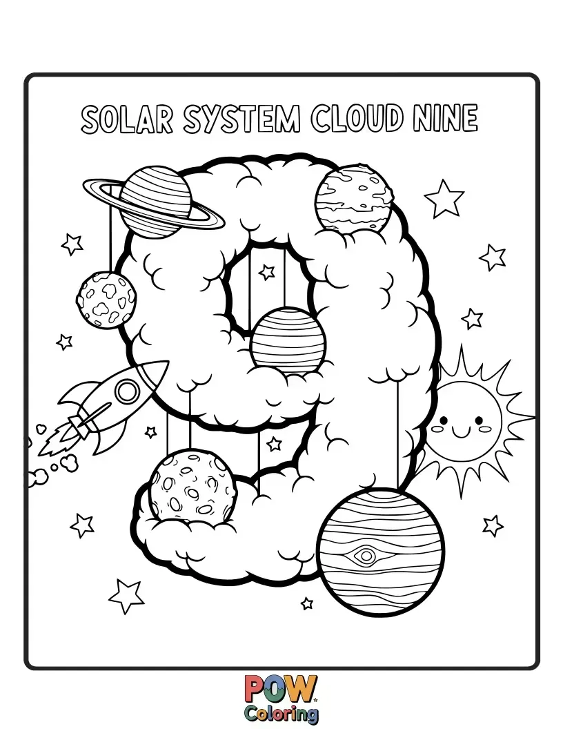 Free coloring page of Planets made of fluffy clouds, with whimsical characters floating amongst them on rainbow bridges. A soft and dreamy celestial landscape.