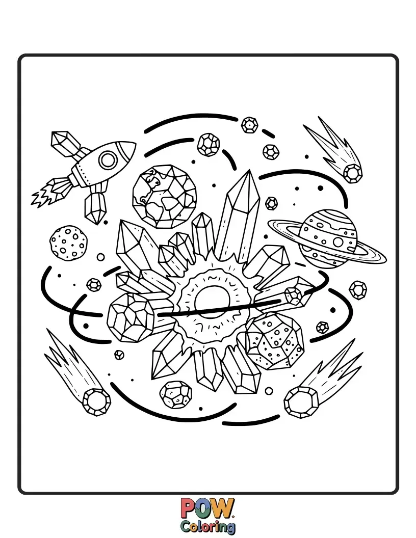 Free coloring page of Planets made of shimmering crystals, reflecting starlight and connected by iridescent energy beams. A dazzling and beautiful cosmic display.