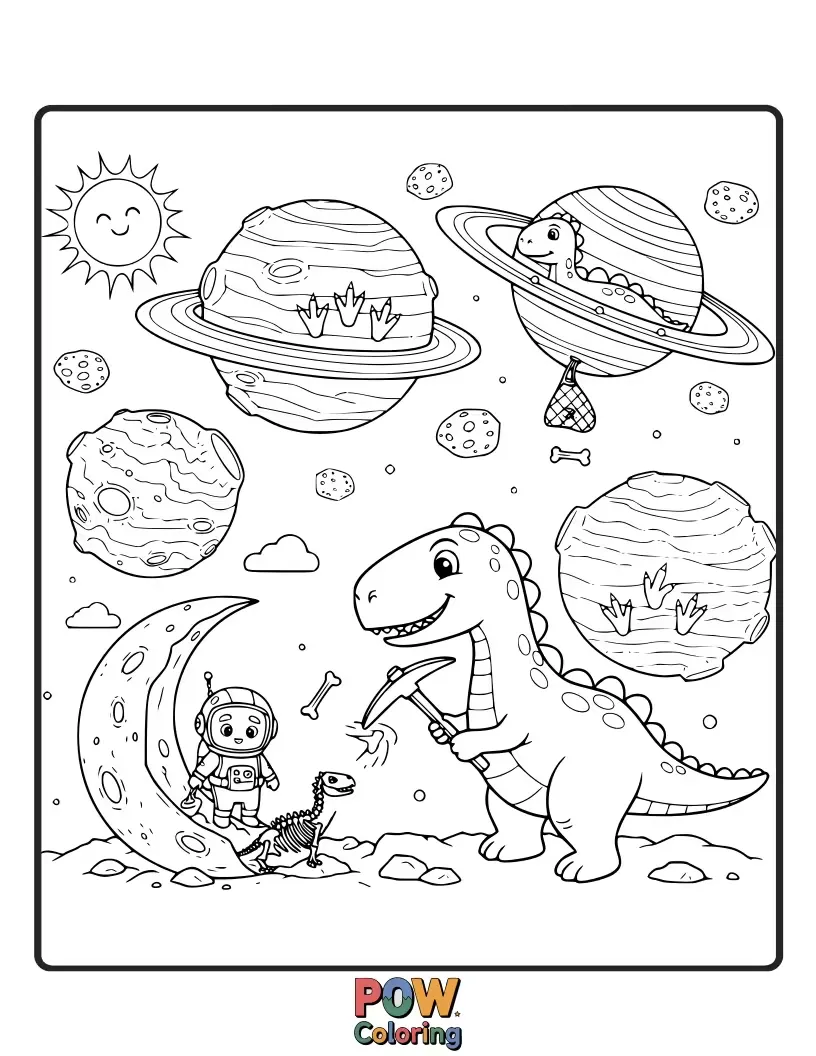 Free coloring page of Friendly cartoon dinosaurs exploring Mars, floating near Jupiter's stripes, and gazing at Saturn's rings. A prehistoric space expedition.