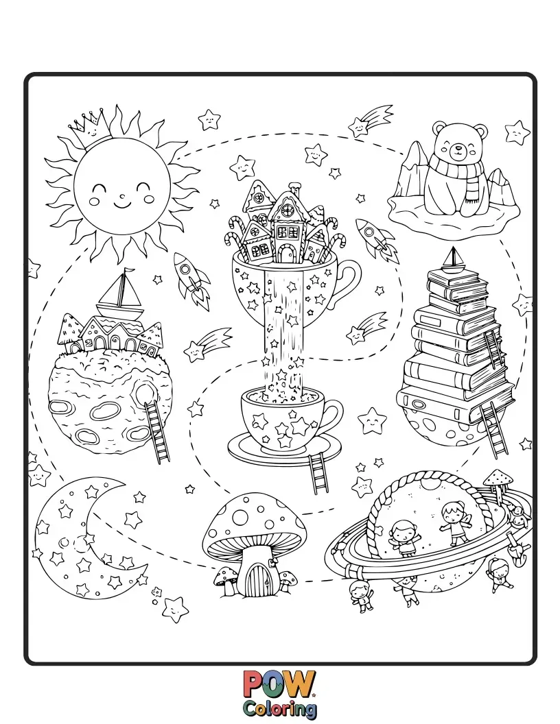 Free coloring page of Each planet transformed into a miniature fairy tale kingdom with tiny castles, dragons, and enchanted forests. A magical celestial storybook.
