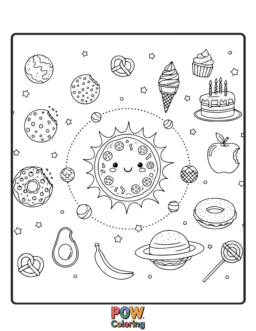Free coloring page of Planets shaped like pizzas, donuts, and fruit, with a smiling sun as a glowing campfire. A tasty and imaginative cosmic feast.