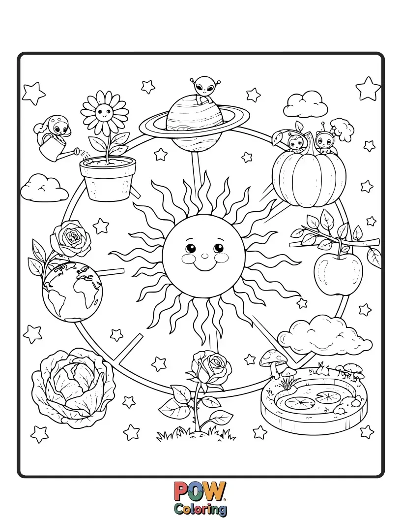 Free coloring page of Flowers blooming on planets, with vines connecting them and friendly ladybugs visiting from afar. A vibrant and growing celestial garden.