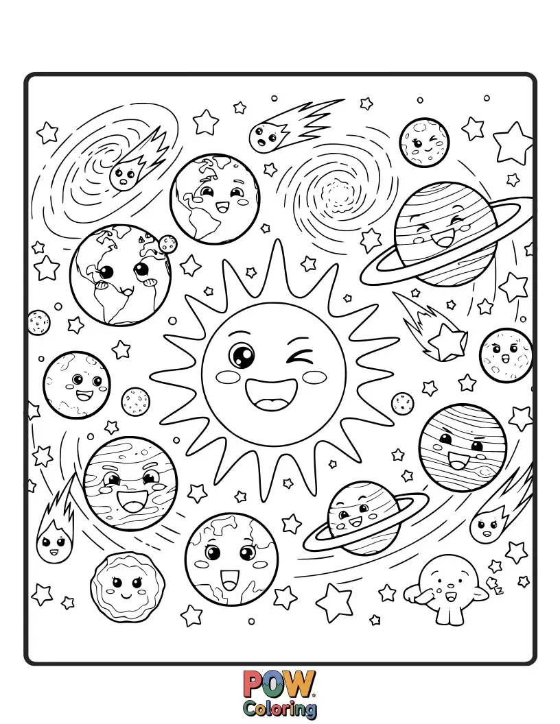 Free coloring page of Planets with funny faces, giggling and telling jokes, with stars that look like confetti. A joyous and laughter-filled universe.