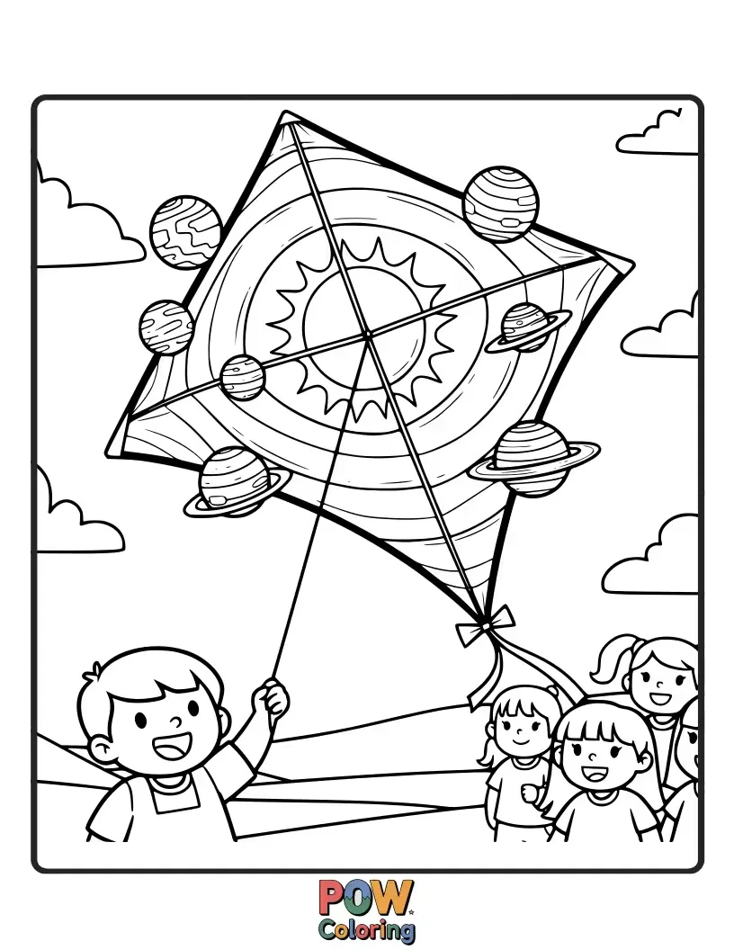 Free coloring page of Kites with planet designs soaring through the sky, with children happily flying them amidst stars. A joyous and whimsical celestial playground.