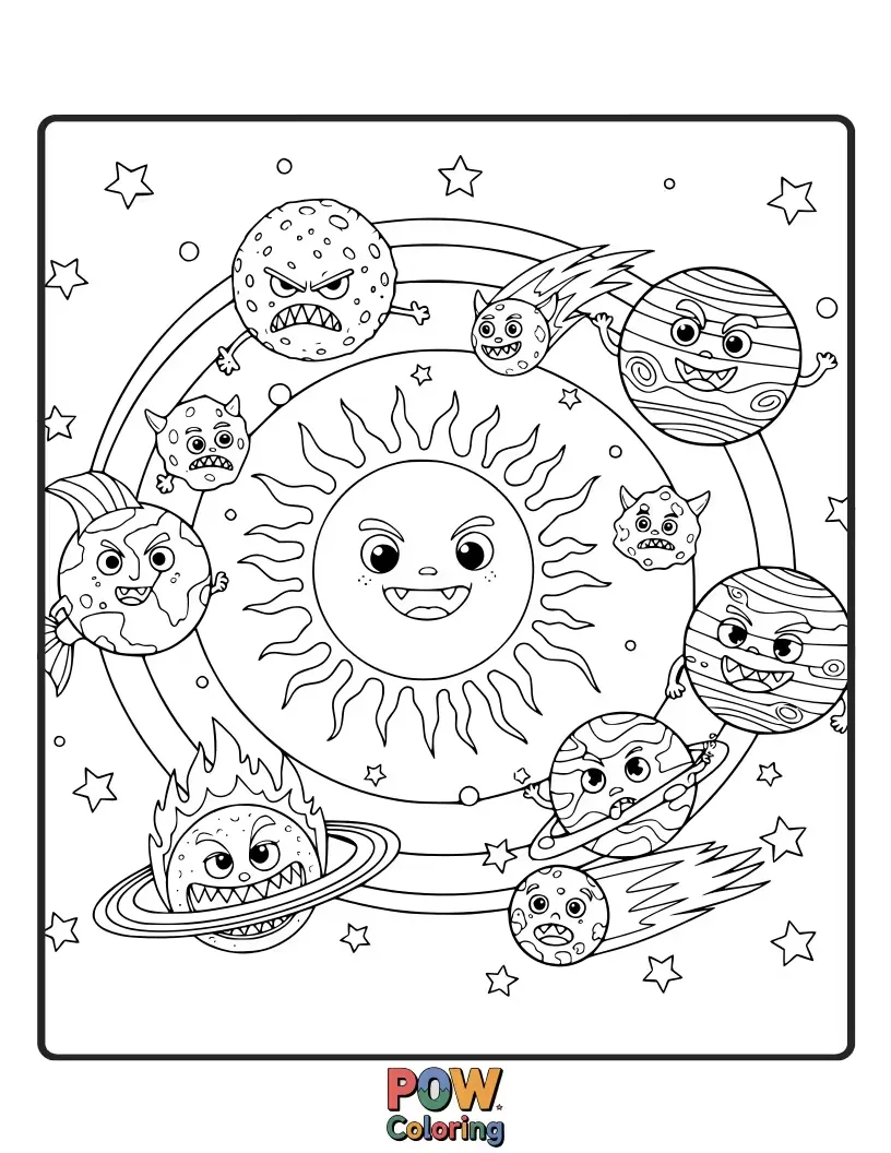 Free coloring page of Goofy, friendly monsters adorning each planet, each with a unique silly expression. A fun and slightly spooky cosmic party.