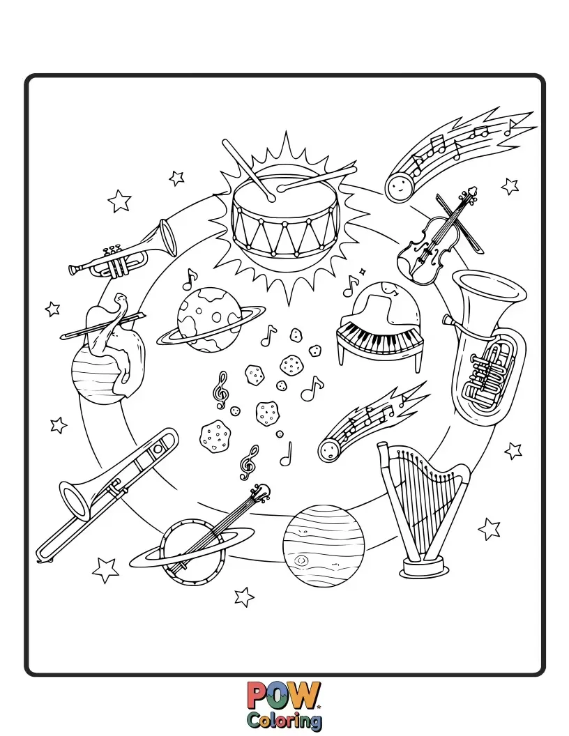 Free coloring page of Planets playing musical instruments, with stars as notes and comets as musical staves. A harmonious celestial orchestra.