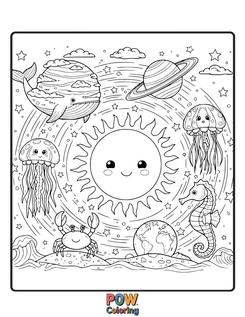 Free coloring page of A cosmic ocean where planets drift like boats, with nebulae resembling colorful coral reefs. A serene and beautiful underwater galaxy.