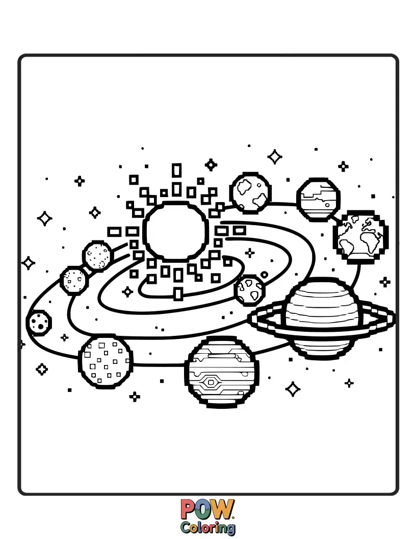 Free coloring page of Each planet and celestial body rendered in cute, chunky pixels, creating a retro-futuristic and unique cosmic landscape. A digital dreamscape.