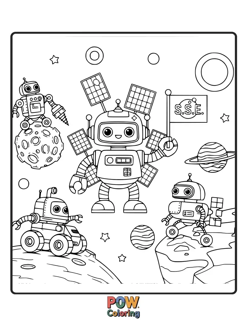 Free coloring page of Cute little robots with big eyes exploring each planet, collecting space rocks and waving antennae. An adventurous mechanical discovery.