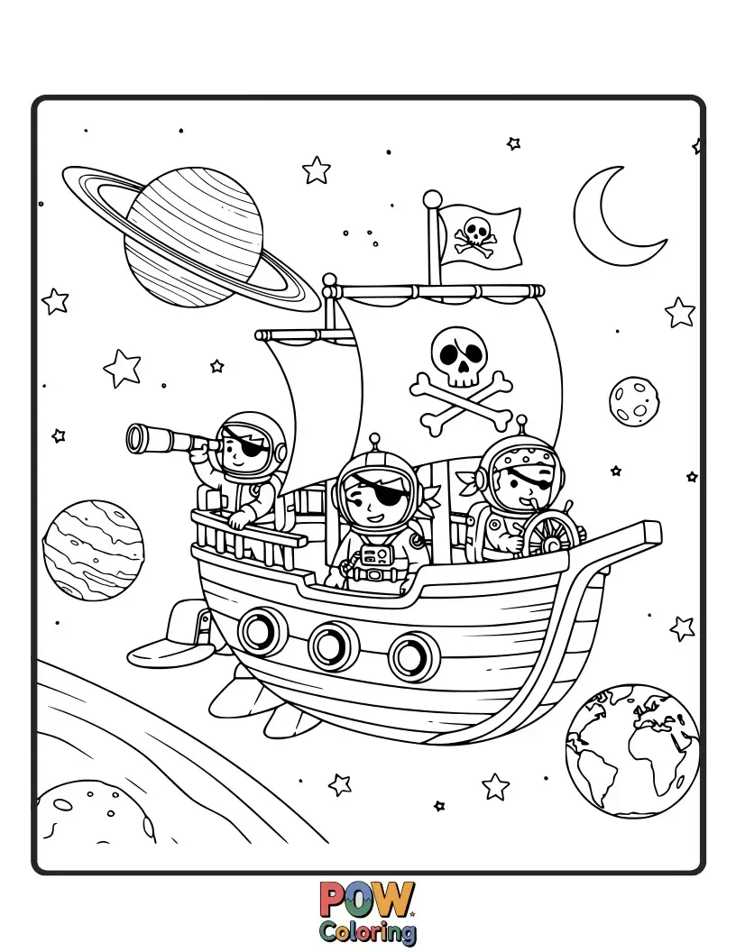 Free coloring page of Funny pirate ships sailing between planets, with friendly alien crews searching for cosmic treasure. A swashbuckling journey through space.