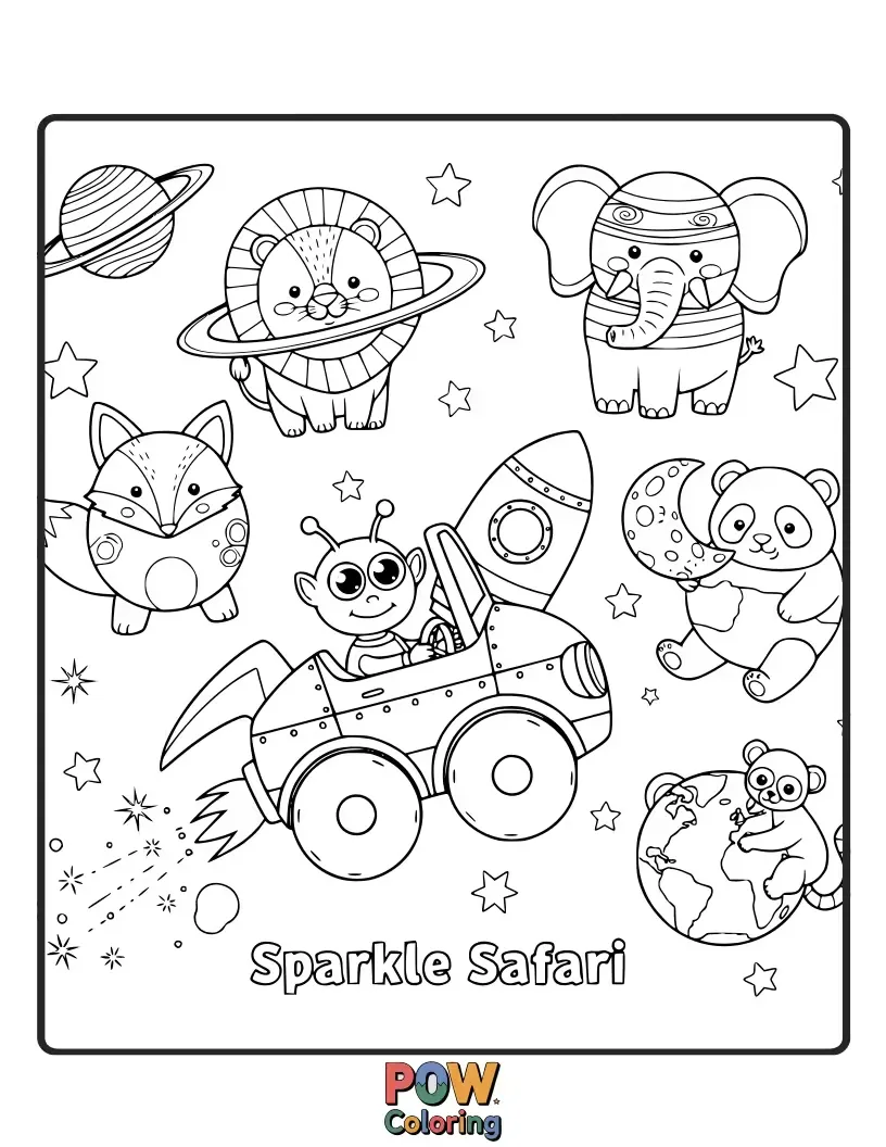 Free coloring page of Animals adorned with glitter and sparkle, exploring planets that shimmer and shine. A dazzling and glamorous cosmic adventure.