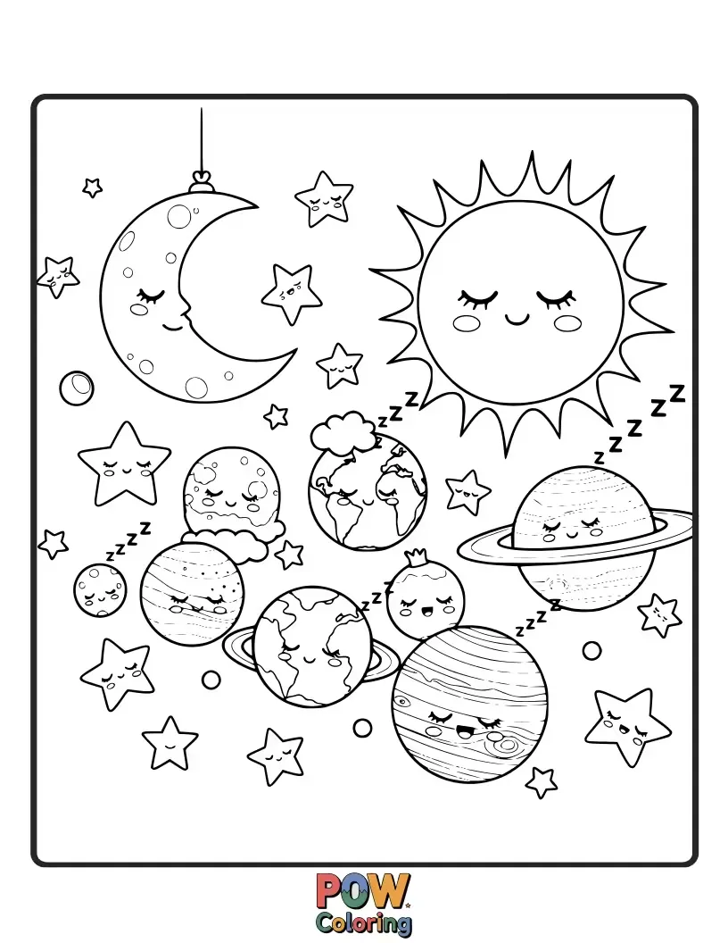Free coloring page of Planets tucked into cozy crescent moons like beds, with sleepy stars twinkling around them. A peaceful, dreamlike solar system.