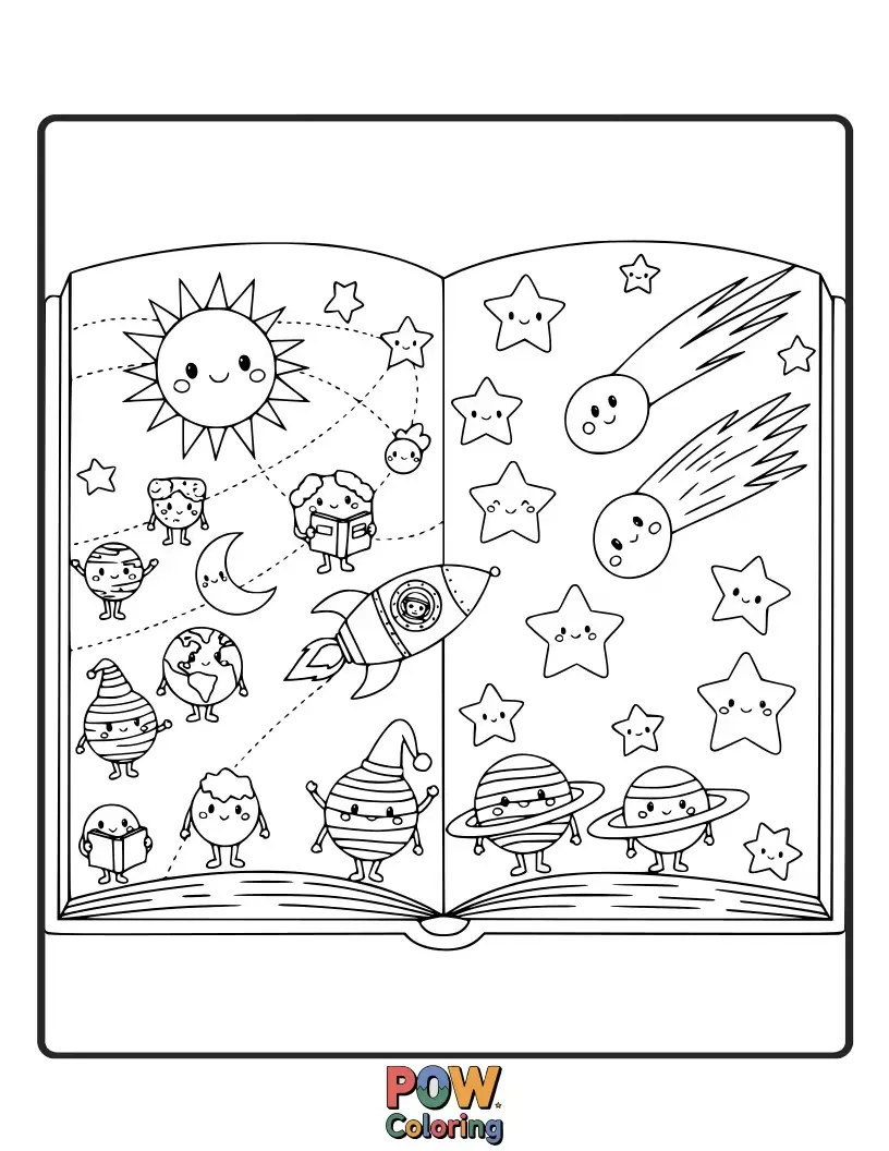 Free coloring page of Stars depicted as open storybooks, with planets as chapters and comets as bookmarks. A literary journey through the cosmos.