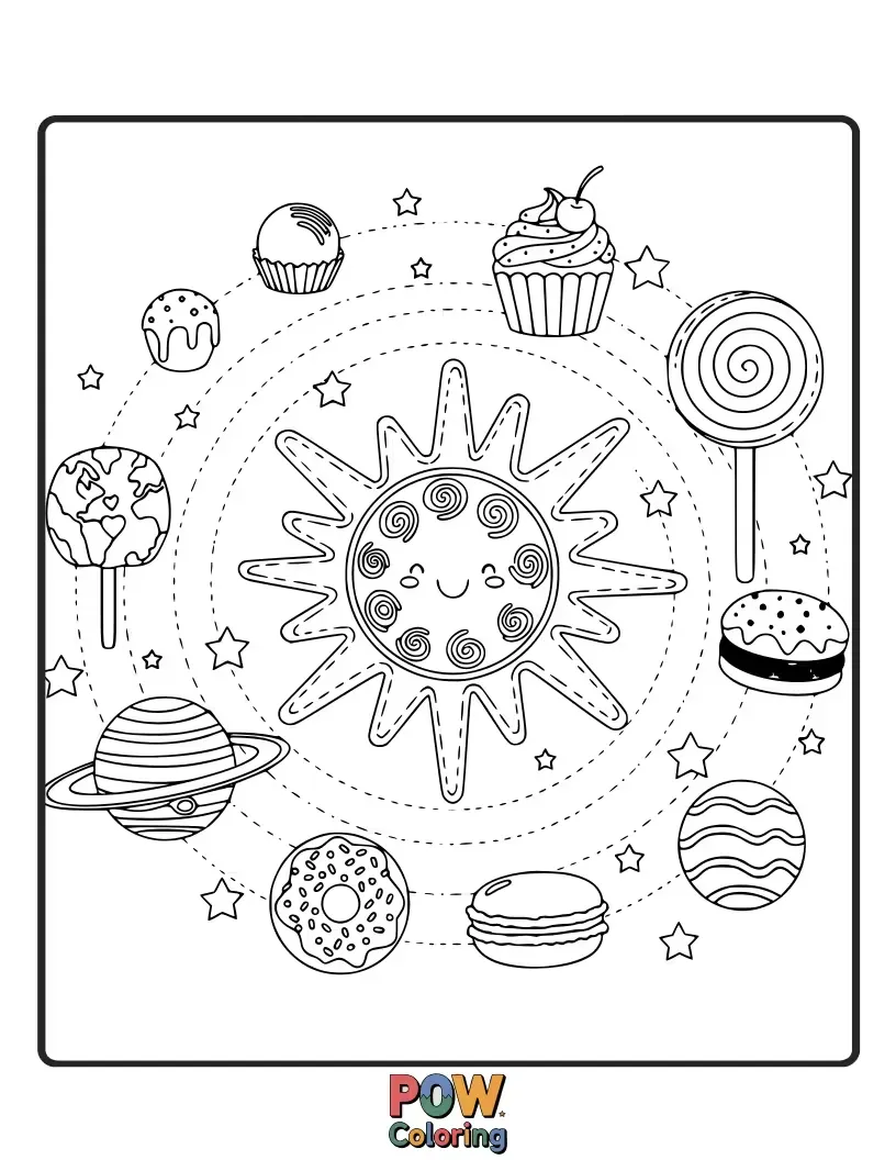 Free coloring page of Tiny planets made of cupcakes and cookies orbit a smiling sun ice cream cone. A deliciously cosmic adventure for little artists.