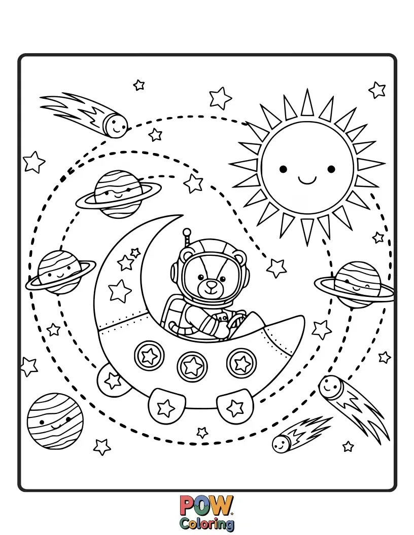 Free coloring page of Cute teddy bears embarking on an adventure, piloting rocket ships and exploring whimsical planets. A cuddly and charming cosmic expedition.