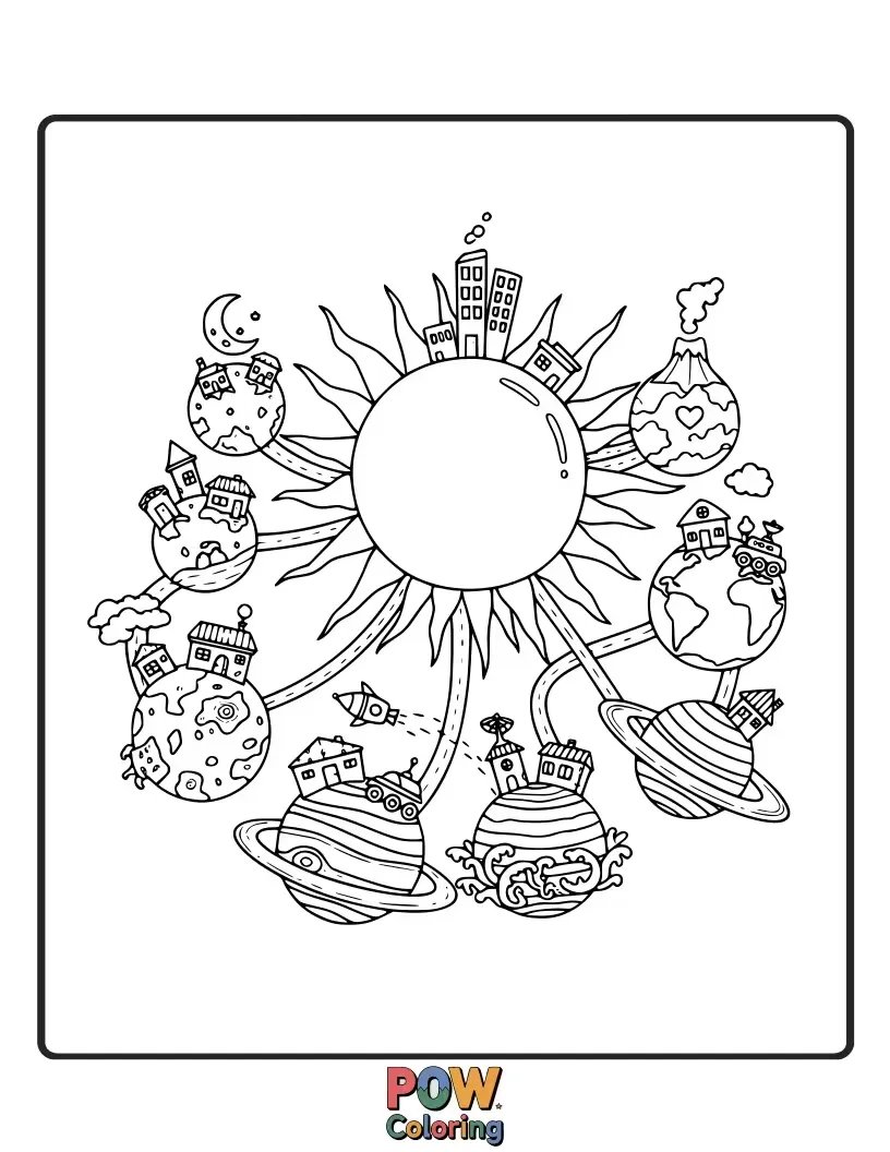 Free coloring page of Each planet a miniature town with houses, trees, and tiny inhabitants waving hello. A charming and populated celestial neighborhood.