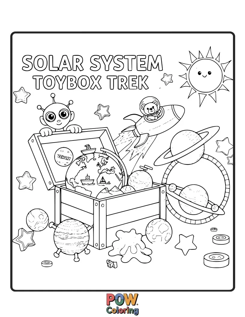 Free coloring page of Planets shaped like colorful toy blocks, with little toy astronauts and rockets embarking on an adventure. A playful and imaginative journey.