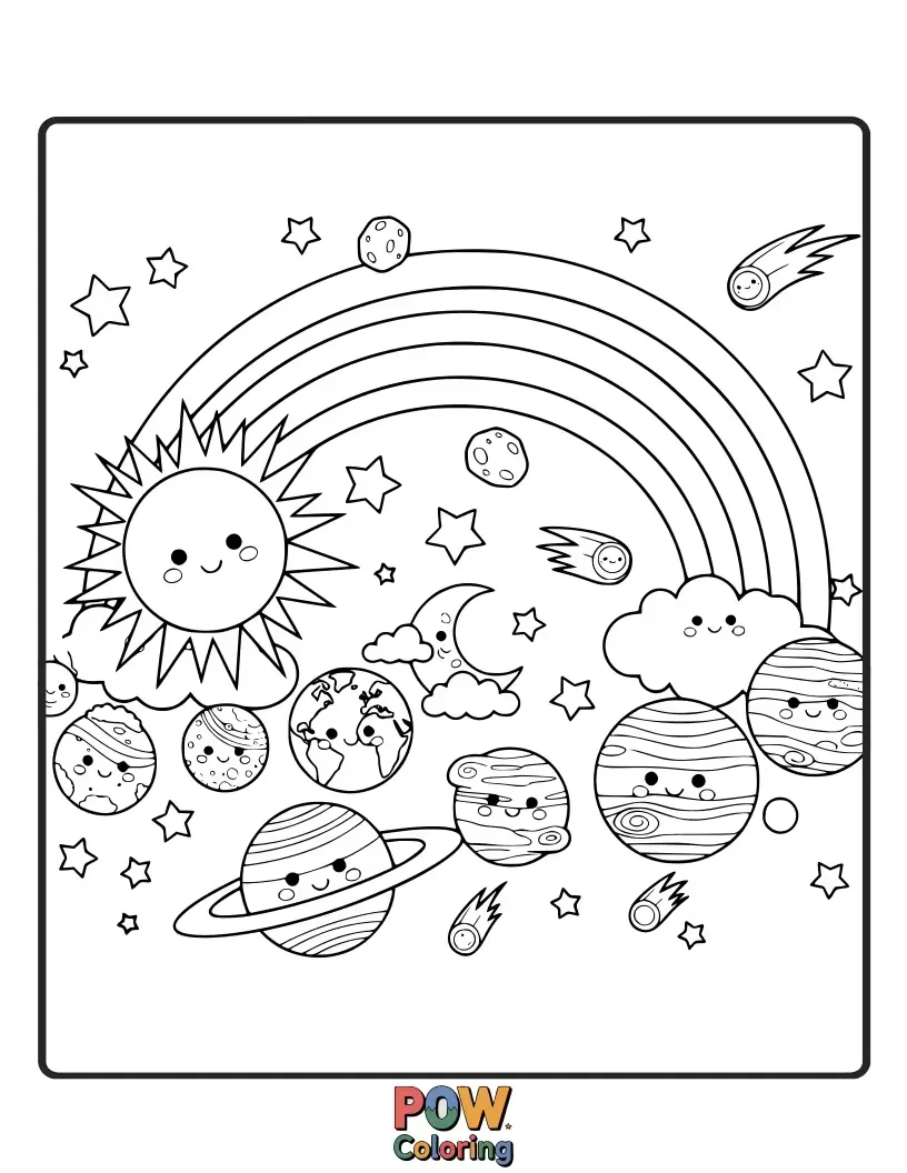 Free coloring page of Planets nestled beneath a vibrant rainbow bridge, with stars that look like tiny, colorful gemstones. A cheerful and bright celestial scene.
