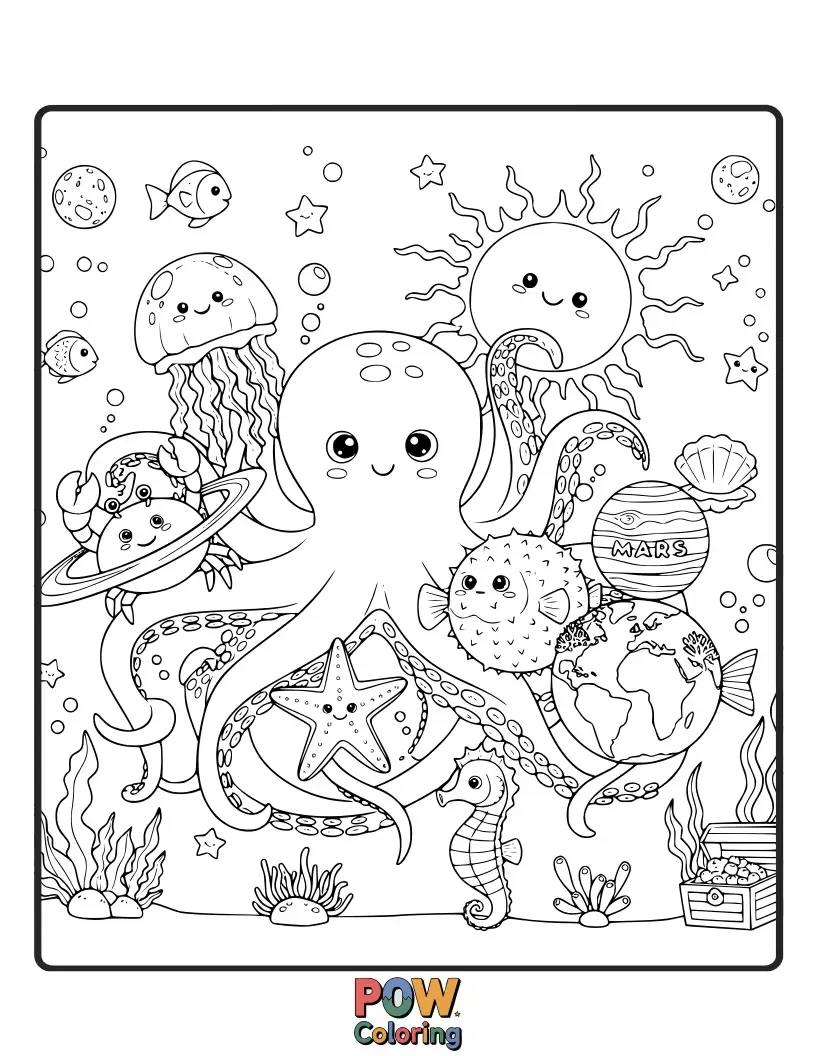 Free coloring page of Ocean creatures like whales and dolphins swimming through nebulae, with planets resembling giant pearls. A magical aquatic cosmos.