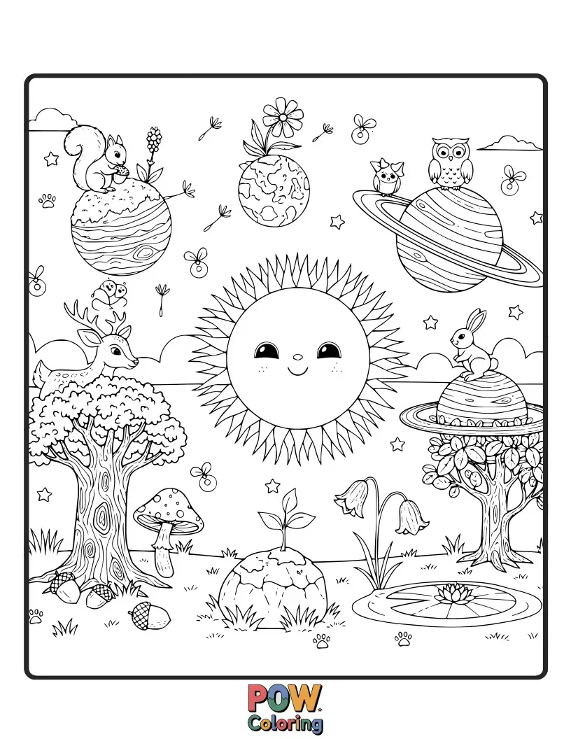 Free coloring page of Cute forest animals living on the planets, with trees growing from them and friendly fireflies illuminating the dark. A natural celestial habitat.