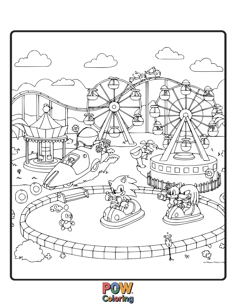 Free coloring page of Sonic enjoying rides at an amusement park. Fun and exciting attractions to color.