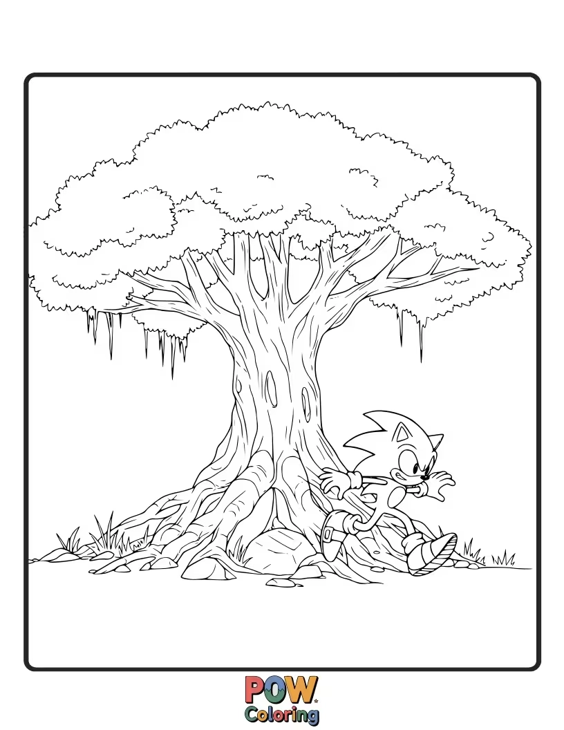 Free coloring page of Sonic leaning against a wise, ancient tree. Calm and grounded scene.