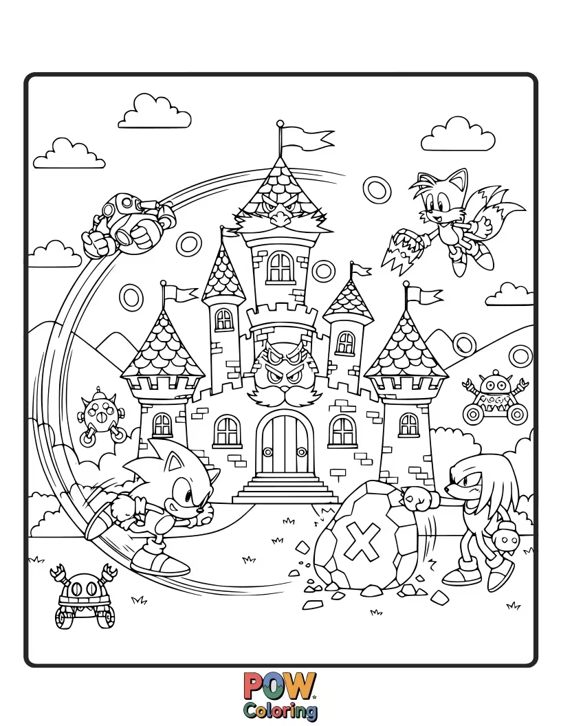 Free coloring page of Sonic exploring a mysterious castle filled with traps. Adventurous and imaginative coloring.