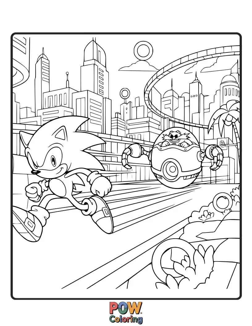 Free coloring page of Sonic weaving through a bustling city. Urban adventure for dynamic coloring.