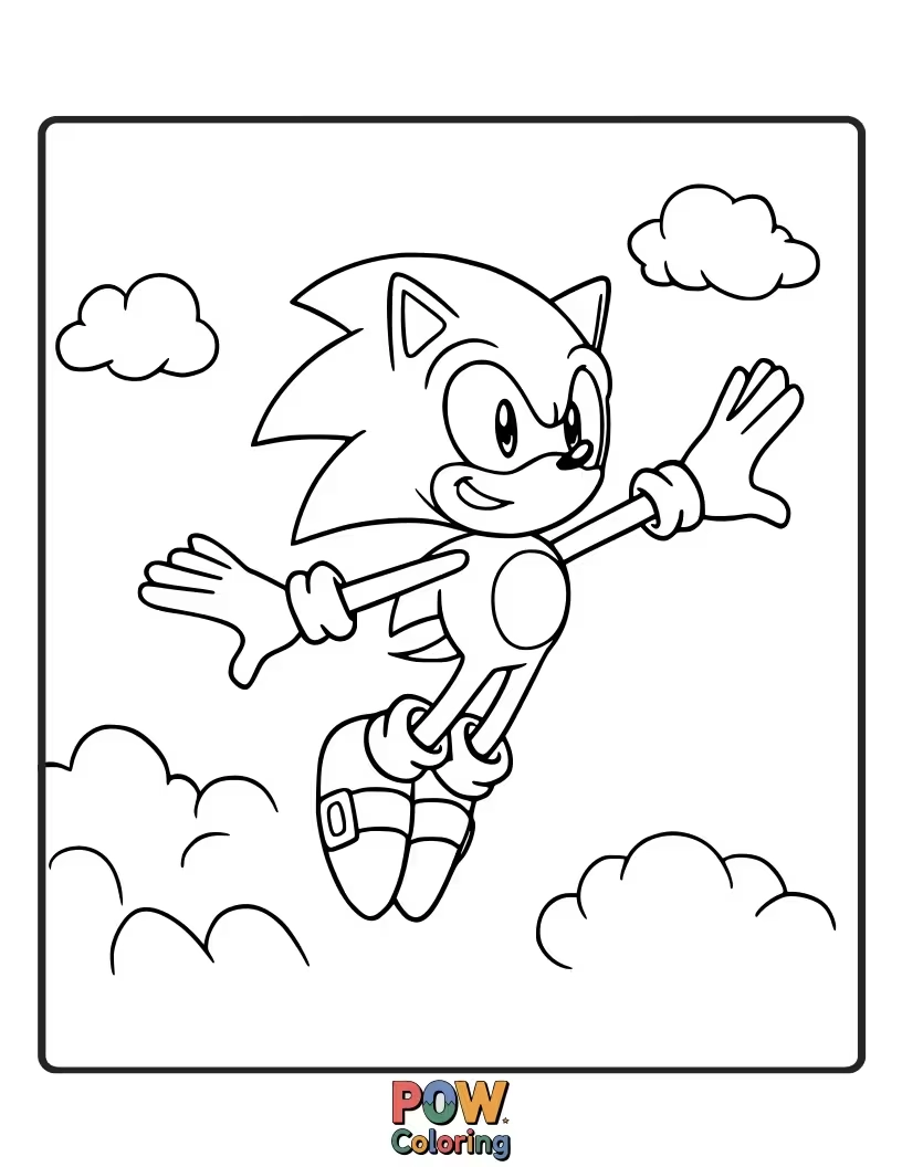 Free coloring page of Sonic leaping joyfully onto a fluffy cloud. Whimsical and lighthearted.