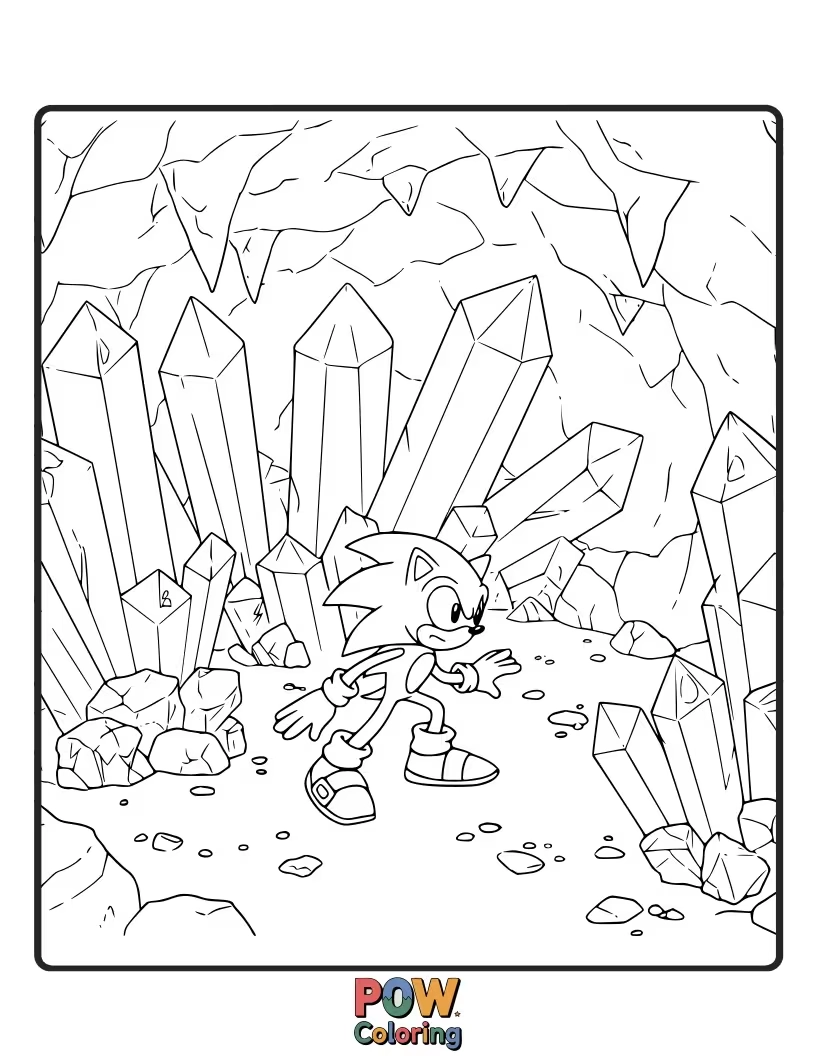 Free coloring page of Sonic adventuring through a cave filled with shimmering crystals. Focus on light and reflection.