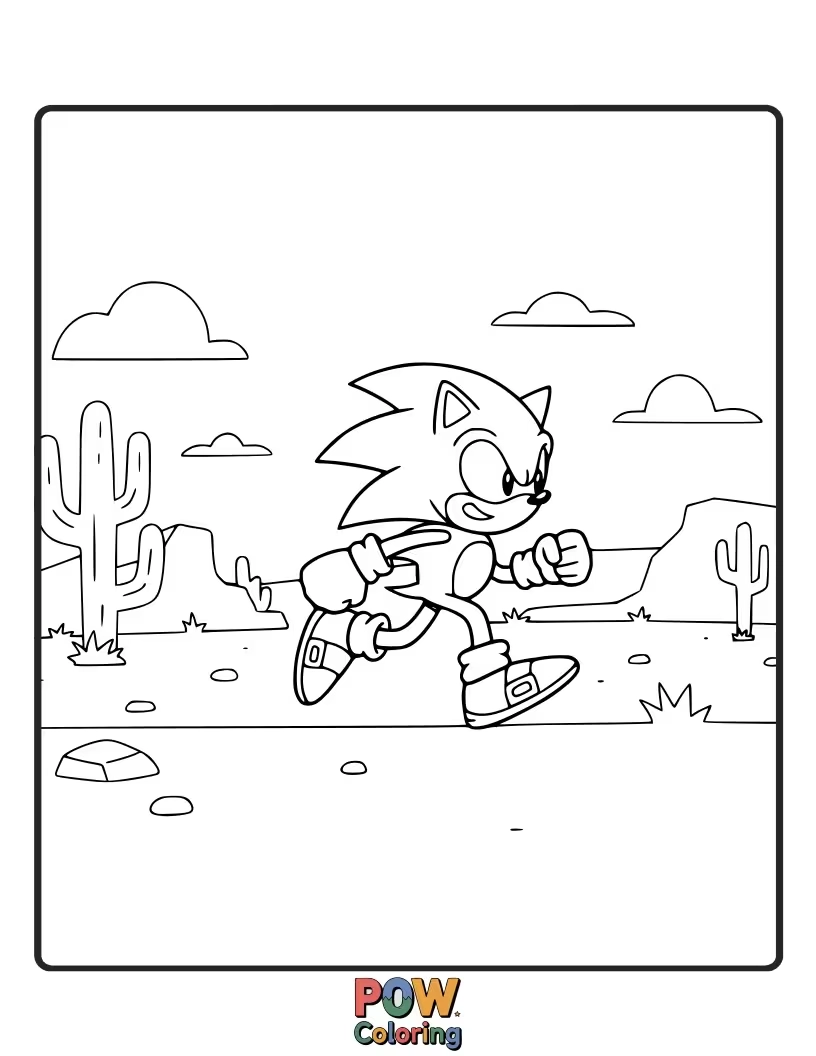 Free coloring page of Sonic crossing a vast desert landscape. Explore warm colors and sand textures.